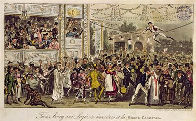 Tom, Jerry e Logic in Characters no Grand Carnival, de &39;Life in London&39; de Pierce Egan, 1821 (aquatinta colorida) de Isaac, Robert and George Cruikshank